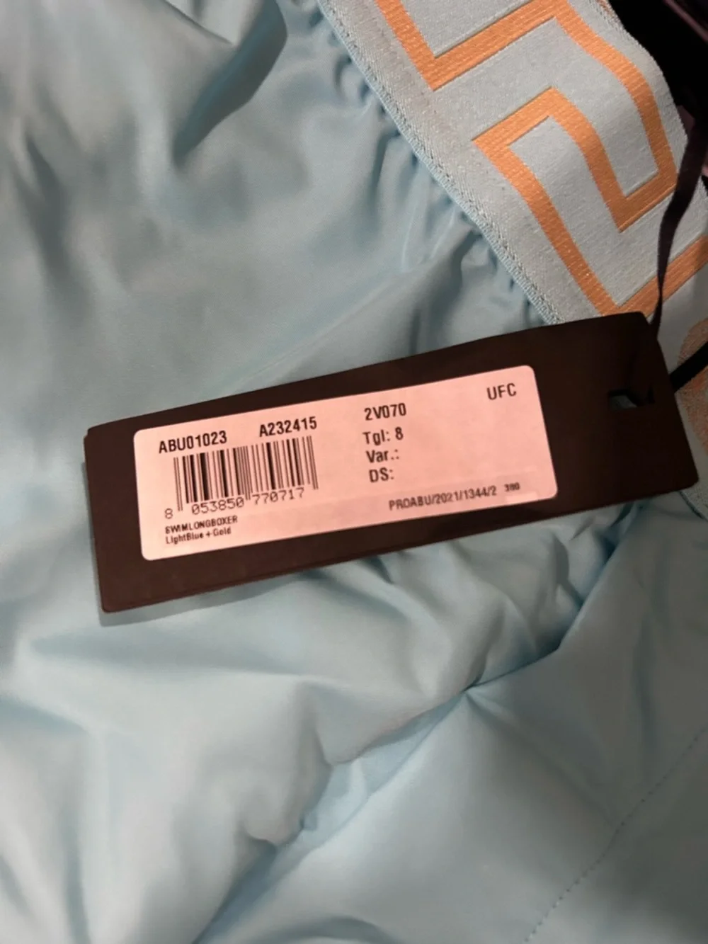 Versace Turquoise Swim Trunks with Gold Waistband - Picture 6 of 9